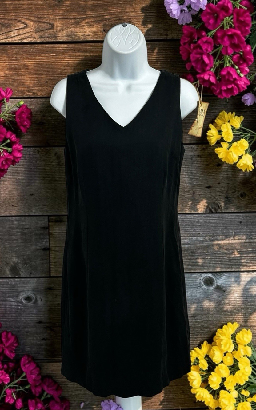 Tommy Bahama Black Linen Shift Dress Sz 8 Sleeveless Lined V-Neck Knee Length